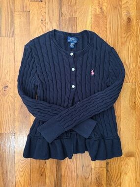 Polo by Ralph Lauren Navy Cable-Knit Cardigan with Pink Pony